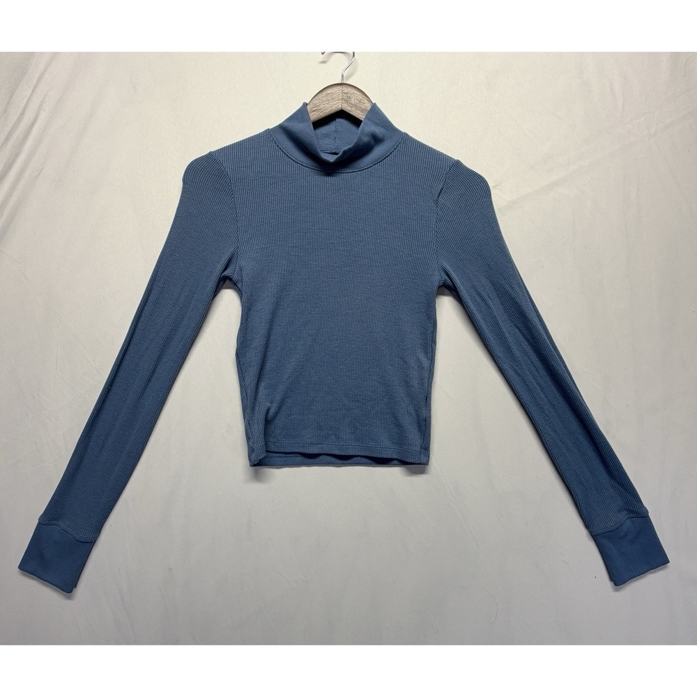 American‎ Eagle Women's Size Small Blue Ribbed Mock Neck Crop Top Long Sleeve